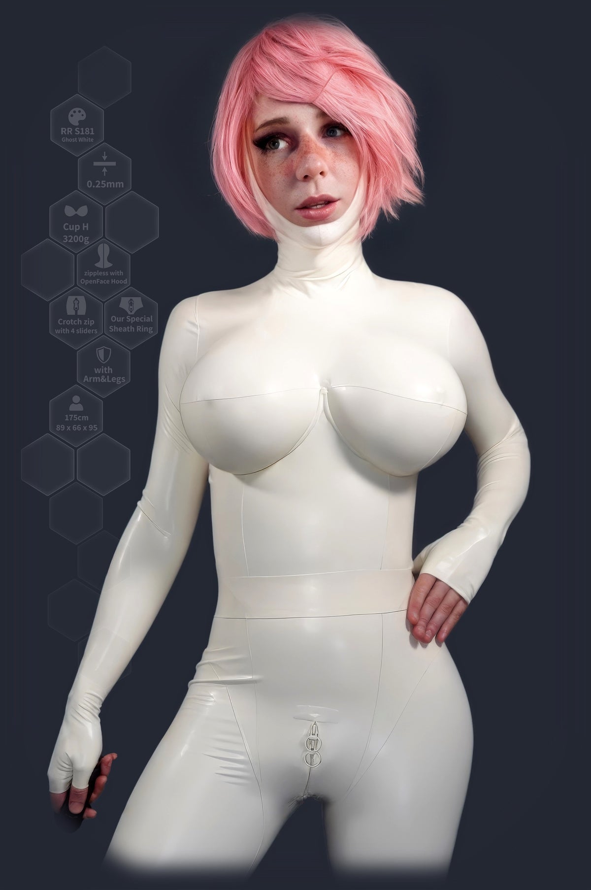 White two-piece latex catsuit with built-in breast forms, front view