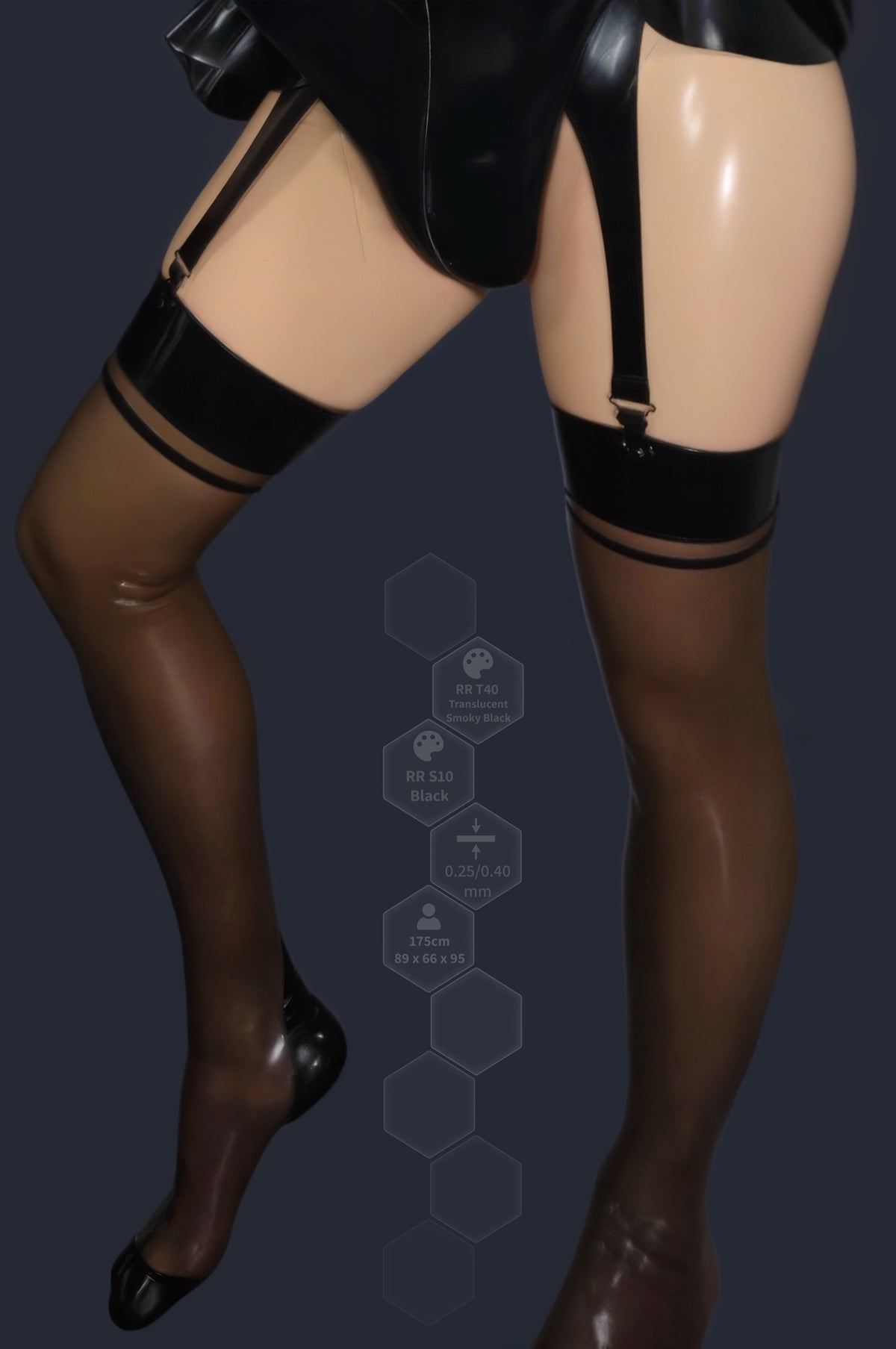 Side view of black latex stockings with back seam