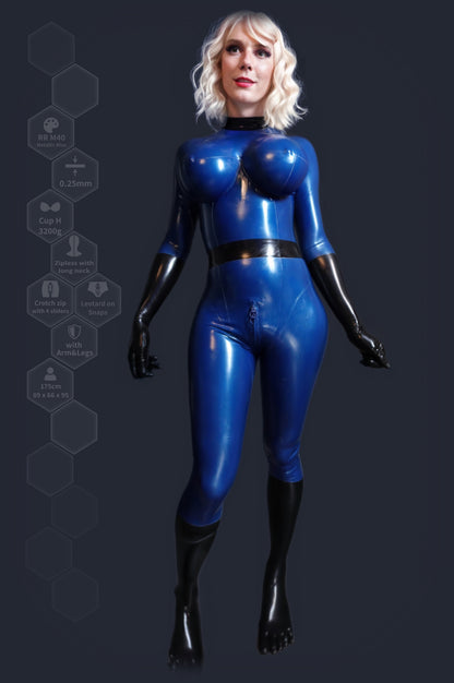 Blue two-piece latex catsuit with leotard and leggings with cup h 3200g, front view