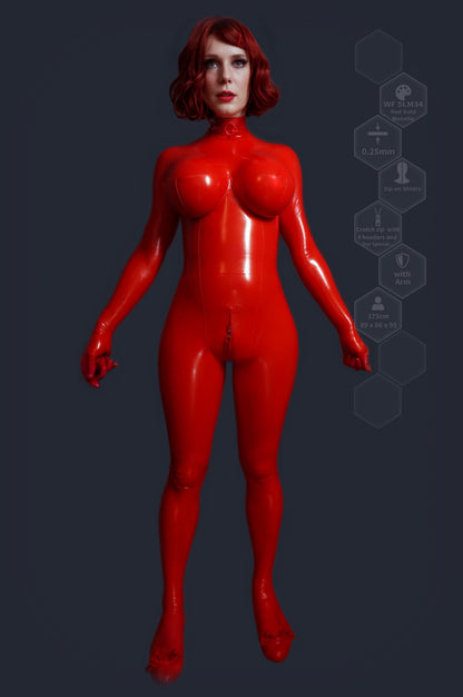 Made-to-measure red breast implant latex catsuit, full-length front