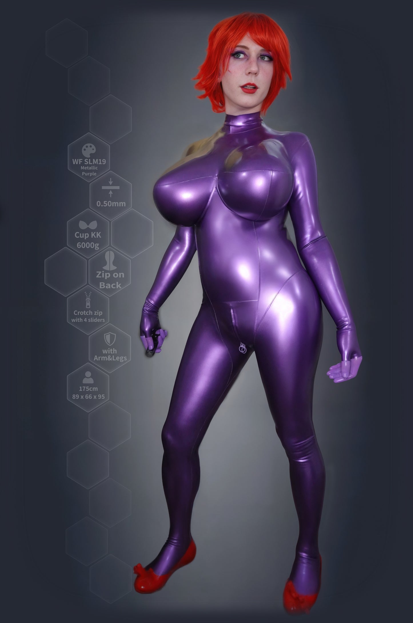 Purple breast implant latex catsuit cup kk 5800g with red rubber flats, full-length front